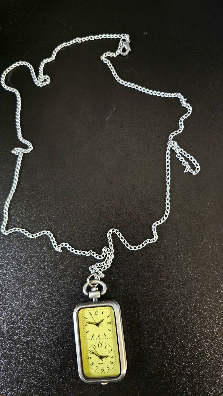 Vintage Dual Time Zone Bronze Quartz Pocket Watch Rectangle Necklace